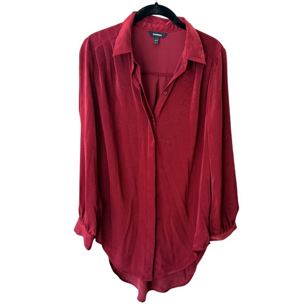 Express, long-sleeve, red, button-up shirt, high-low hem, M